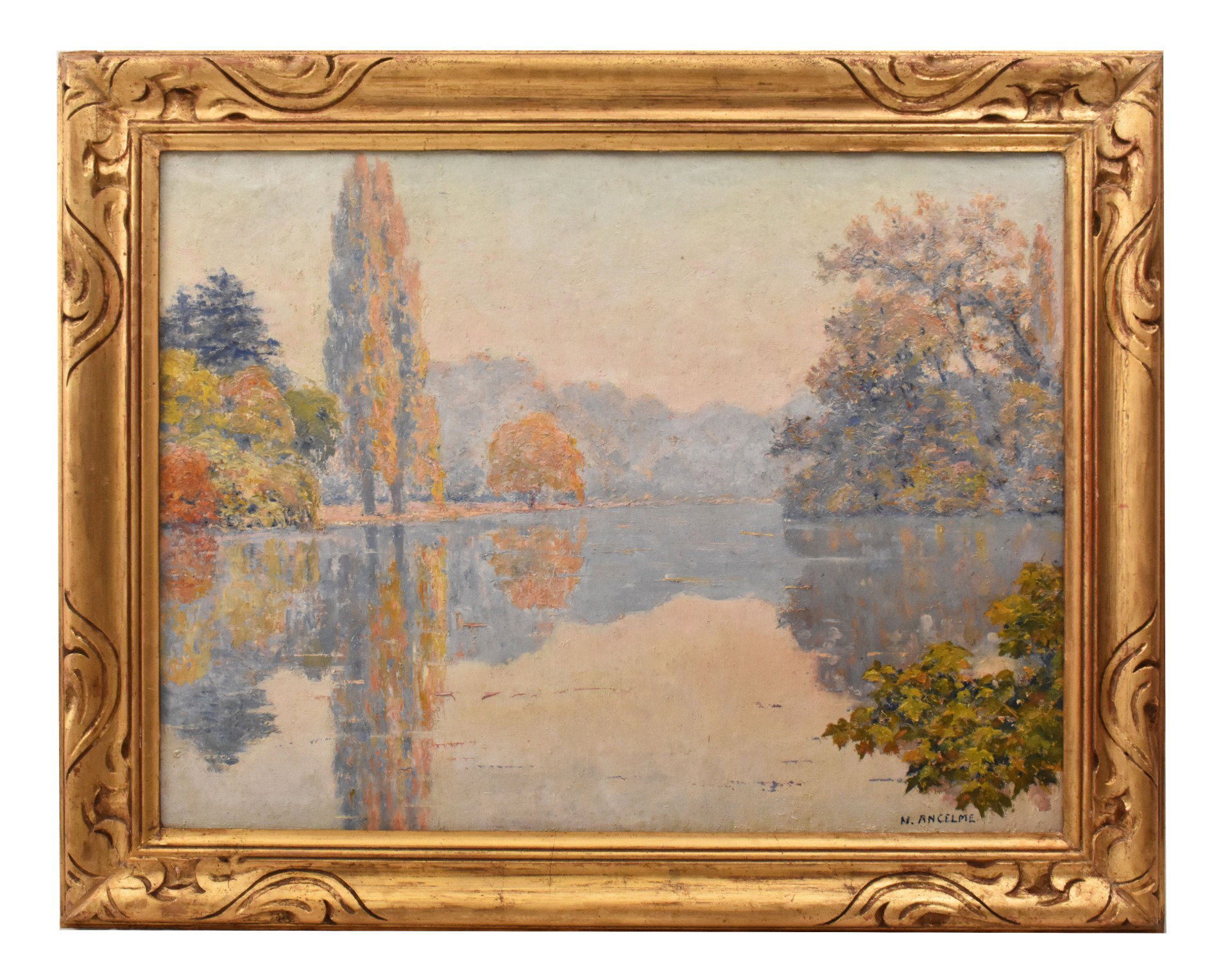 ANTIQUE PAINTINGS LAKESIDE LANDSCAPE, OIL ON CANVAS, ART NOUVEAU, EARLY 20TH CENTURY (QP747)